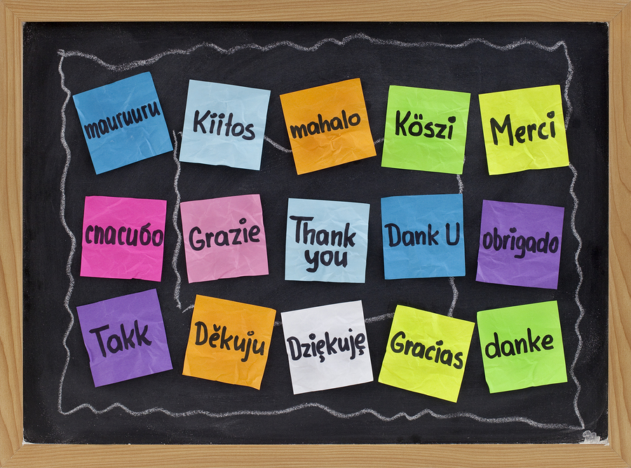 Blackboard displaying thank you in many languages